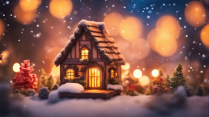 Fototapeta na wymiar A toy christmas house in the snow.