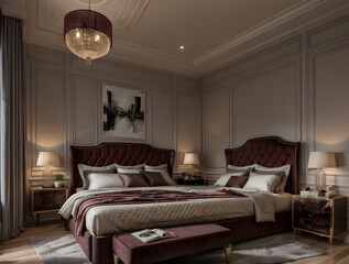 Interior of a neo-classical bedroom with a luxurious dark red bed. Generative AI.