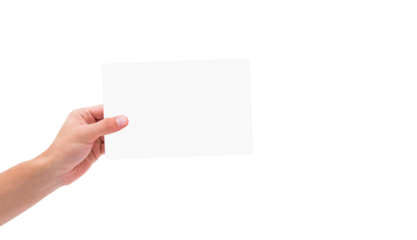 Digital png photo of caucasian hand holding piece of paper with copy space on transparent background