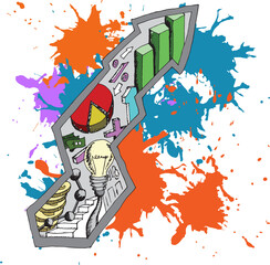 Digital png illustration of arrow with statistics symbols on blots on transparent background