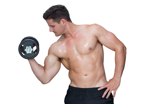 Digital png photo of caucasian man using dumbbell on transparent background