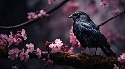 Black Bird on the Pink Flowers Blooming Branch
