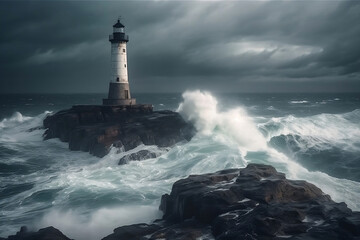 Fototapeta na wymiar Lighthouse on rocky cliff at sea storm generative ai