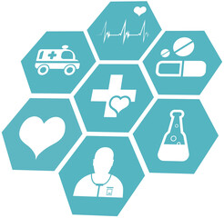 Digital png illustration of hexagons with medical symbols on transparent background