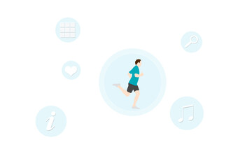 Digital png illustration of male runner with symbols on transparent background