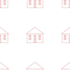 Digital png illustration of red pattern of repeated buildings on transparent background