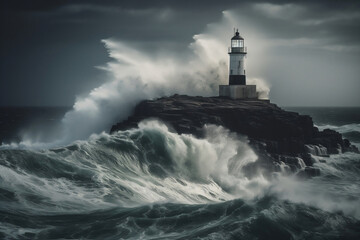 Lighthouse on rocky cliff at sea storm generative ai