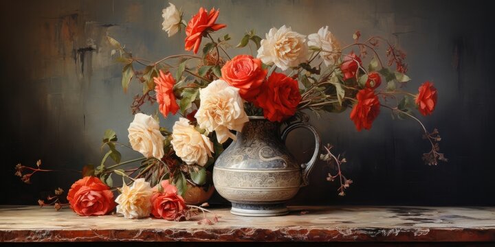 painting of still life pottery bottle with roses and flowers, generative AI