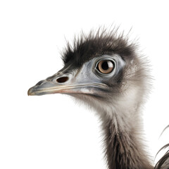 close up shot, side view portrait of a emu isolated on transparent background. 