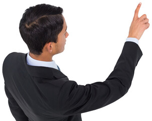 Digital png photo of biracial businessman pointing on transparent background