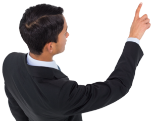 Digital png photo of biracial businessman pointing on transparent background