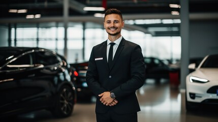 Fototapeta na wymiar Closeup shot of successful confident smiling caucasian male shop assistant holding clipboard in formal clothes looking at camera at automobile car dealer shop