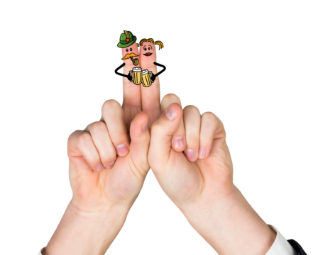 Digital png illustration of hands and puppets with beers on fingers on transparent background - Powered by Adobe