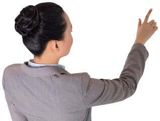 Digital png photo of back view of asian businesswoman pointing finger on transparent background