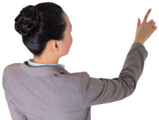 Digital png photo of back view of asian businesswoman pointing finger on transparent background