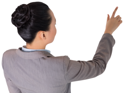 Digital png photo of back view of asian businesswoman pointing finger on transparent background - Powered by Adobe