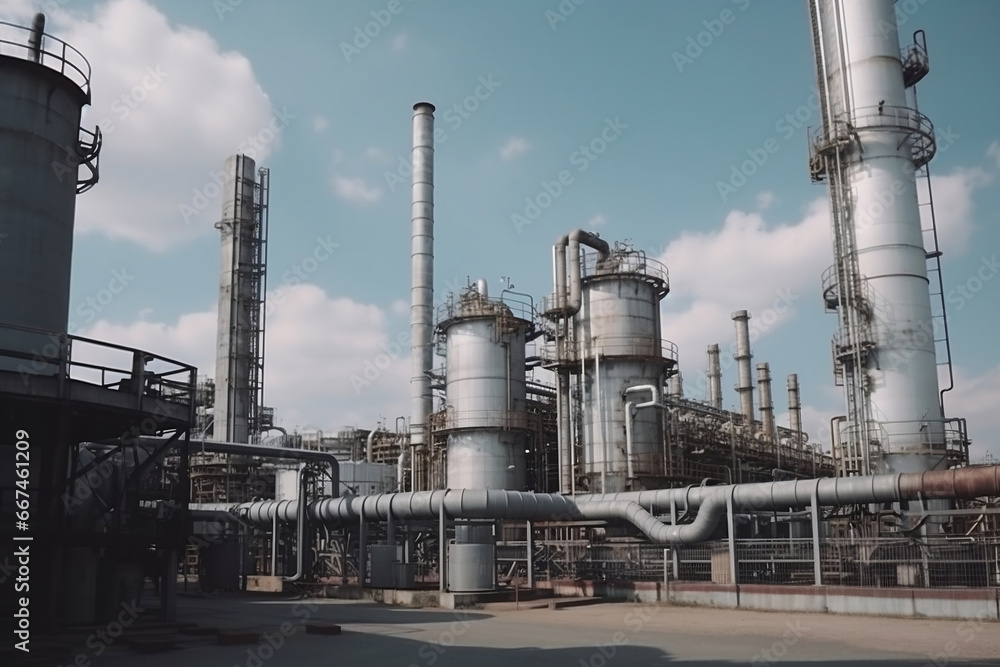 Poster large refinery complex with lots of pipelines at daylight generative ai