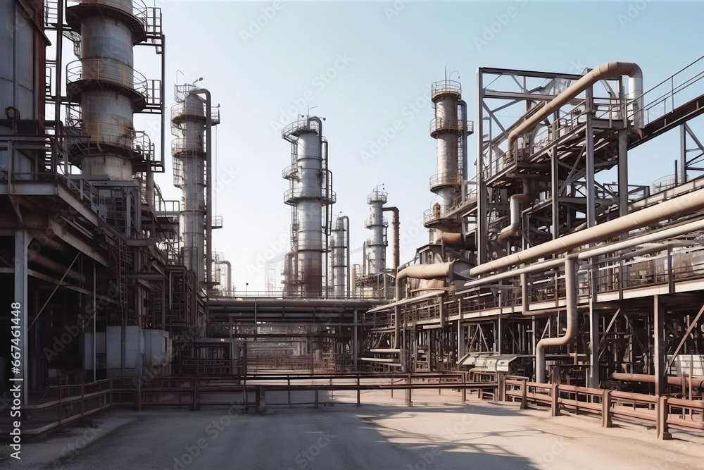 Poster large refinery complex with lots of pipelines at daylight generative ai