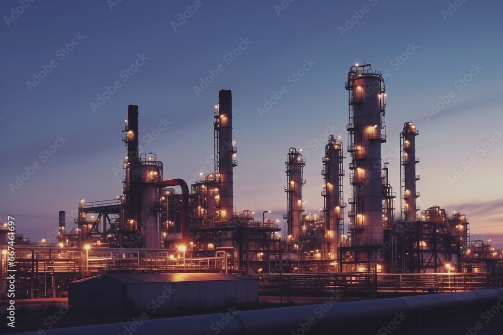 Poster large refinery complex with pipelines at dawn generative ai