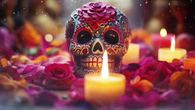Colorful sugar skull surrounded by vivid roses with lit candles. Day of the Dead celebration.