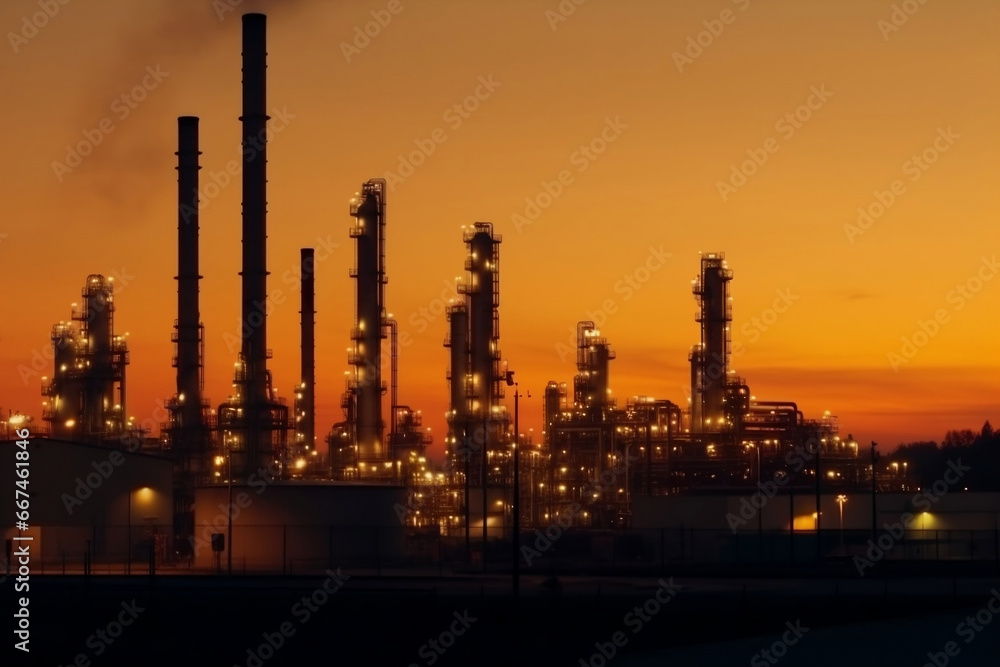 Poster large refinery complex with pipelines at dawn generative ai