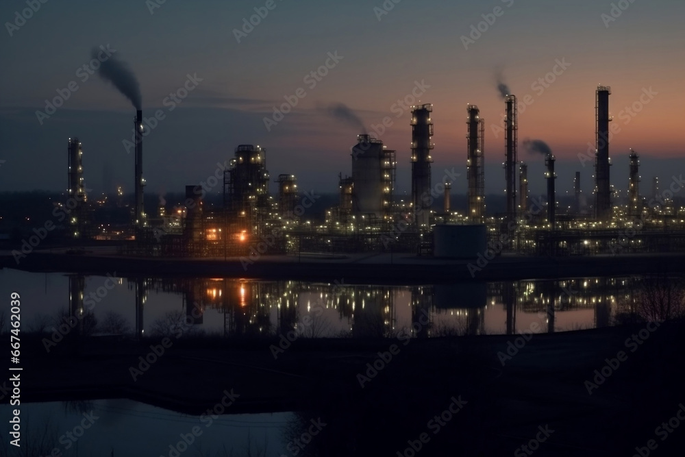 Poster large refinery complex with pipelines at dawn generative ai