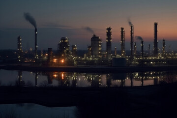 Large refinery complex with pipelines at dawn generative ai