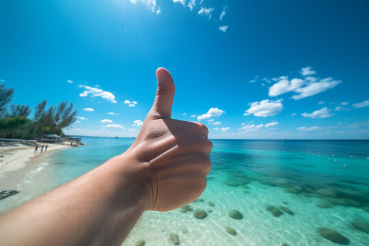 Generative AI Image of Hand Raising Thumb Up on Beach Sea Background