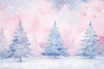 Watercolor christmas tree with snowflakes soft pastel colors background