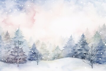 Watercolor christmas tree with snowflakes soft pastel colors background