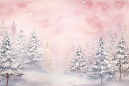 Watercolor christmas tree with snowflakes soft pastel colors background