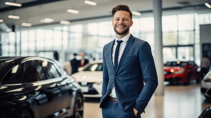 Closeup shot of successful confident smiling caucasian male shop assistant holding clipboard in formal clothes looking at camera at automobile car dealer shop