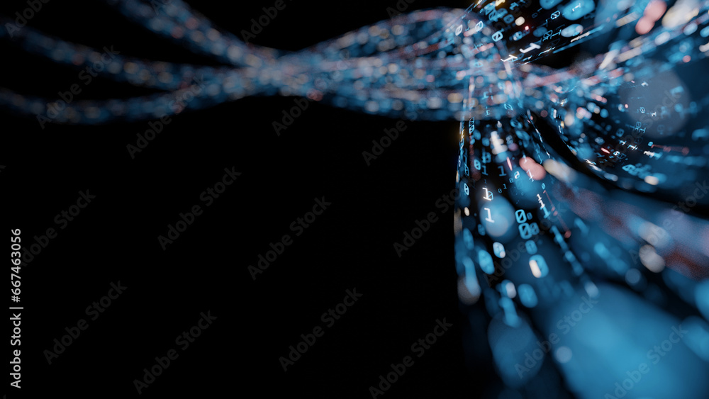 Poster 3d rendering of abstract glass tube, wire cable with digital binary data transmitting. inside ai con