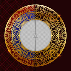Abstract golden pattern in a circle in two color options. Template for decorating ceramic, porcelain, wooden, metal products.