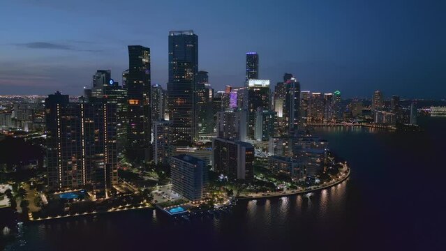 Aerial view of Brickell skyscrapers, Miami financial district skyline at dusk