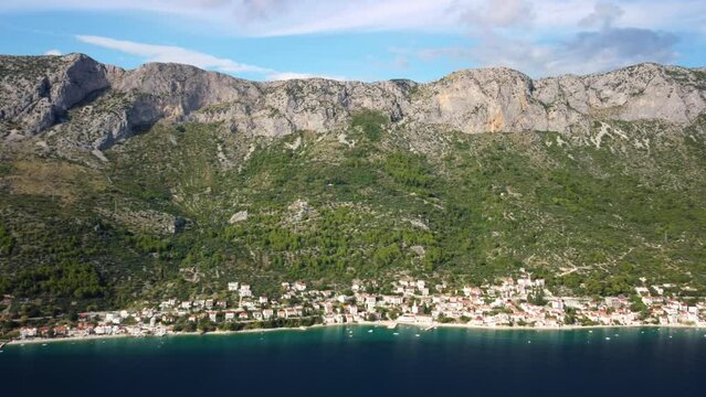 Idyllic Landscape Of Brist Village In Southern Dalmatia, Makarska Riviera Croatia - aerial drone shot