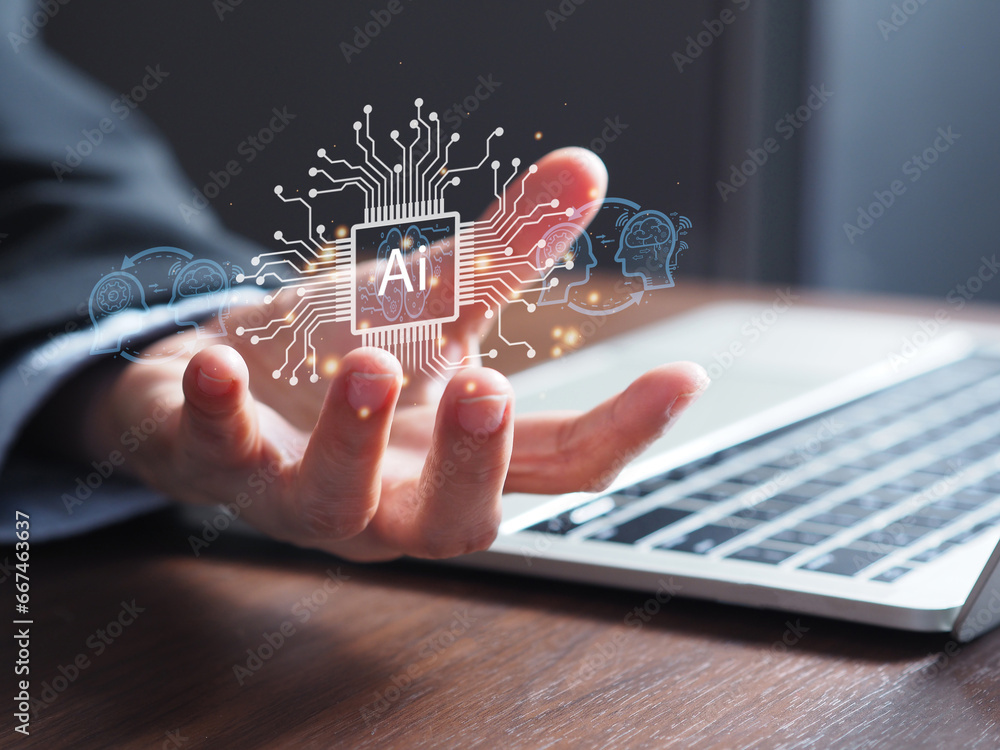 Poster businessman use ai to help work system artificial intelligence on virtual screen, digital ai chatbot