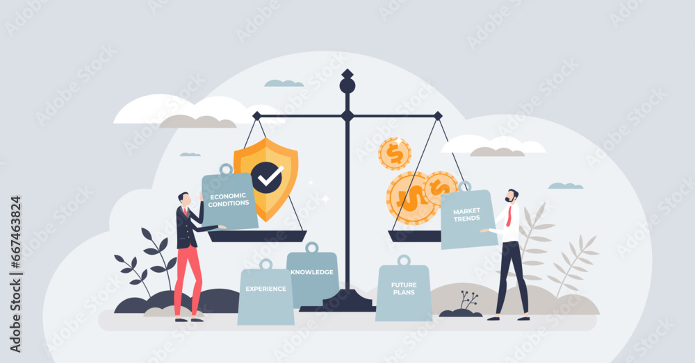 Wall mural Finance planning or financial risk tolerance management tiny person concept. Compare money investment safety with economic issues vector illustration. Business planning with various market conditions