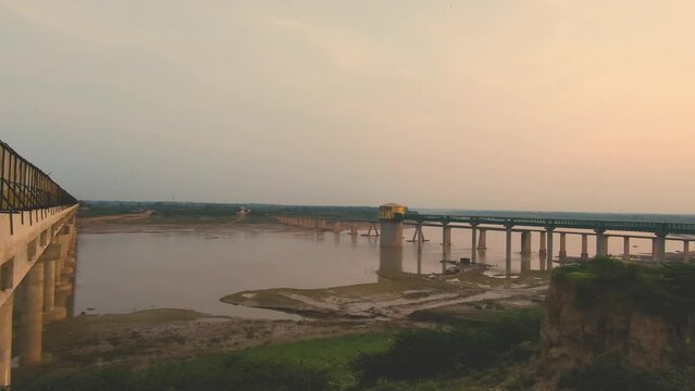 Pan shot of Chambal river flowing through Dholpur in Rajasthan India