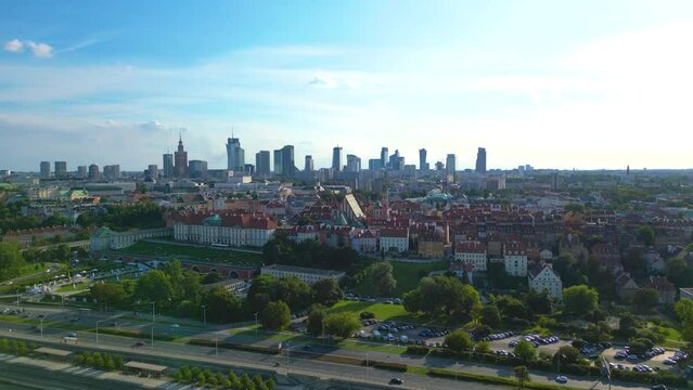 Aerial panorama of Warsaw, Poland over the Vistual river and City center in a distance Old town. Downtown skyscrapers cityscape. Business