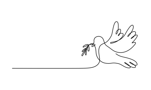 recommend clip art: Continuous line art of a dove with an olive branch,  Peace day concept. Lineart vector illustration.	