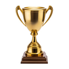 Image of a golden championship cup with a wooden base isolated on transparent background.