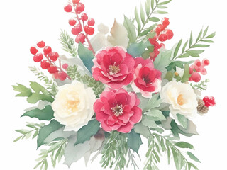 Watercolor Winter Christmas bouquet with folia