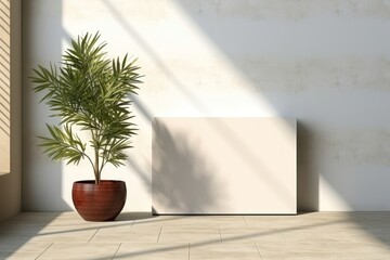 A blank mockup canvas rests on the floor in a sunlit room, accompanied by a potted plant boasting lush green leaves. Photorealistic illustration