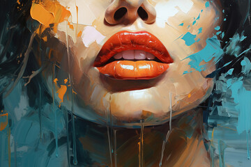 Close-up of a woman's face, sensual red lips art illustration canvas - obrazy, fototapety, plakaty