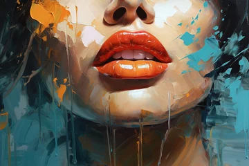 Tuinposter Close-up of a woman's face, sensual red lips art illustration canvas © Sergio