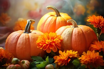 Flowers composition with autumnal ripe pumpkins 