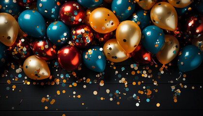 Glittered Gala of Chromatic Balloons. Lustrous balloons in teal, gold, and crimson, adorned with reflective confetti, set against a deep, dark backdrop