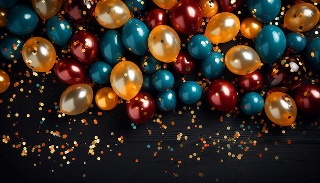 Glittered Gala of Chromatic Balloons. Lustrous balloons in teal, gold, and crimson, adorned with reflective confetti, set against a deep, dark backdrop