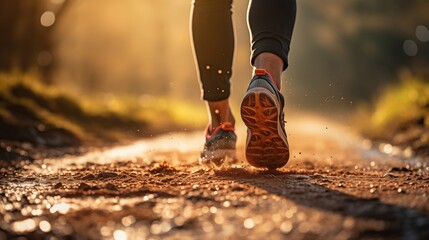 A close-up of the legs of a male runner on a dirt road in nature with sunlight Outdoor trail running training, Start of runner running to success and goal conc